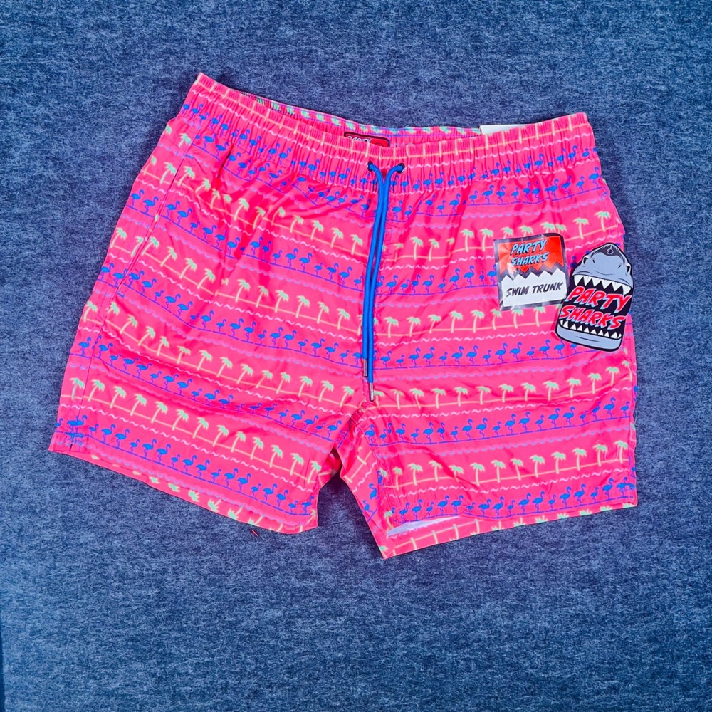 Party Sharks Mens XL Swim Trunks Pink Flamingo Palm Tree Quick Dry Shorts 6.5 In